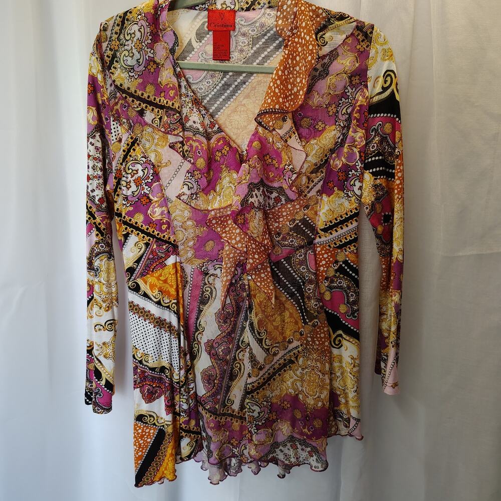 V Cristina Women’s Large Paisley Ruffle Wrap Style Tunic Top Boho Long Sleeve